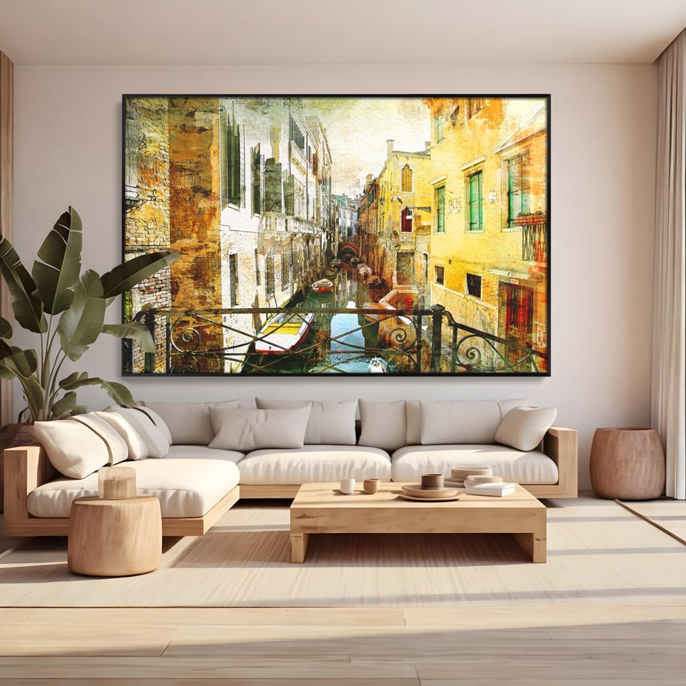 Tablou canvas cu tablou canvas cu peisaj venetian, in rama de aluminiu negru, pe perete intr-un living